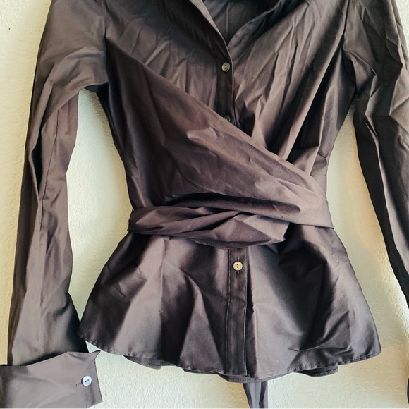 LAFAYETTE 148 Brown Button Down Shirt with Attached Belt Tie and Loops Size 2 - Picture 5 of 10